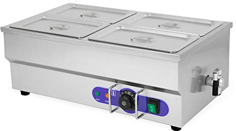 vertes Speisenwärmer Buffetwärmer Wärmebehälter Für Speisen Elektrisch 1500W aus Edelstahl (Inkl 4X 1/4 GN Behälter mit Deckel für 4X 2,8L, Ablasshahn, Bain Marie Wasserbad, Temperatur 50-200°C)