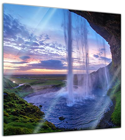 Bilderdepot24 Glasbild Seljalandsfoss Wasserfall Island - 30 x 30 cm - Deko Glas - brilliante Farben, inkl. Aufhängung