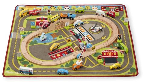 Melissa & Doug Deluxe Multi-Vehicle Activity Rug (39.5 x 36.5) - 19 Vehicles, 12 Wooden Signs, Train Tracks (E-Commerce Packaging)