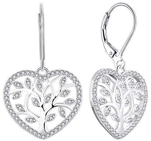 YL Boucles d'oreilles arbre de vie en argent 925 zircon cubique blanc arbre généalogique boucles d'oreilles pendantes pour femmes