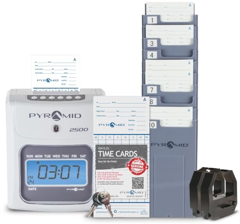 Pyramid Time Systems 2500K1 Paket, inklusive automatischer Ausrichtung und Top-Loading Time Clock, 100 Zeitkarten, zwei Farbbandpatronen, ein 10 Steckplätze für Zeitkarten und zwei
