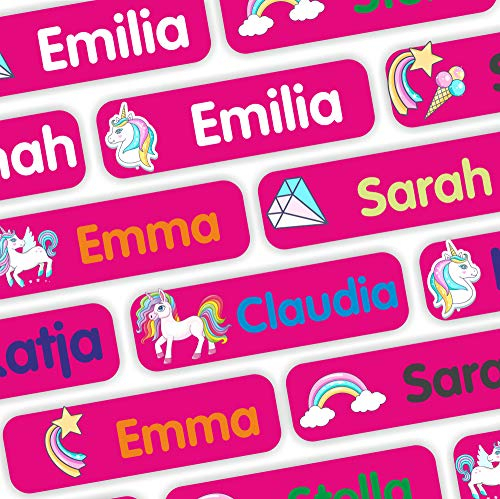 Indigos UG - Namensaufkleber Kinder Schule - 35–105 Sticker 35x10mm - Einhorn pink - Kindergarten - mit Wunschtext personalisierbar - wasserfeste Wäscheetiketten selbstklebend