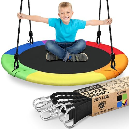 SereneLife Tree Swing Seat, Large Round Saucer Kids Swings, Adults and Kids Nest Swing, Durable Frame, 270kg Capacity, Indoor Outdoor Hanging Rope Swinging Seat for Backyard, Garden and More – Rainbow