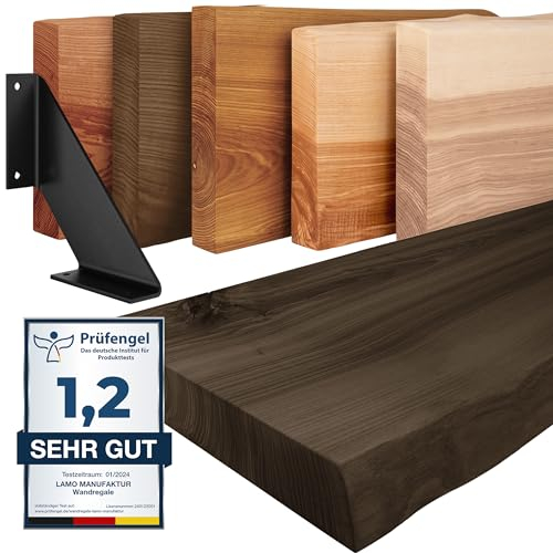 LAMO Manufaktur Wandregal Holz Baumkante | Regal Farbe: Schwarz | mit schwarzem Vintage Regalträger | 160 cm