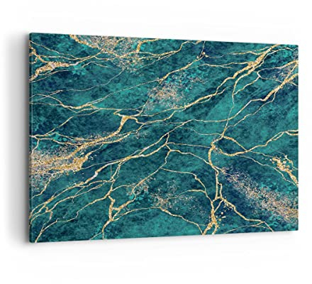 Bilder auf Leinwand 100x70cm Leinwandbild Abstraktion Gold Türkis Groß Wanddeko Bild Schlafzimmer Küche Deko Wandbilder Dekoration Wohnzimmer Wall Decor Canvas Wand Kunstdruck Art AA100x70-4564