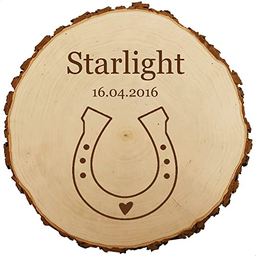 Baumscheibe 30cm mit Gravur (Namen) personalisierte Holz-Scheibe Dekoration für Pferde oder Ponys, Hufeisen Boxen-Schild Tiere, Tür-Schild, Begrüßung, Pferde-Stall, Reiter-Hof Schilder, MotivT2