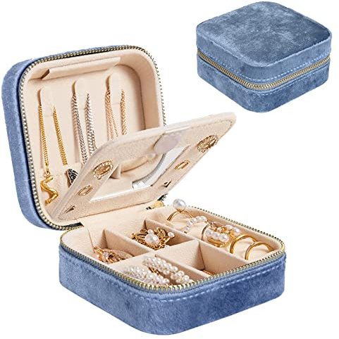 Darbermu Mini Jewelry Box Organiser, Blue Portable Travel Case With Mirror, Velvet Double Layer Bag for Rings, Earrings, Necklaces, Bracelets - Gift for Girls and Women