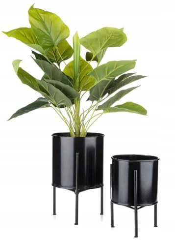 HowHomely Pot de fleurs en métal, Pot pour plante avec support de fleurs rond Noir 24 cm