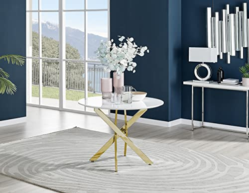 Furniturebox UK Novara 100cm Round White High Gloss Dining Table with Gold Chrome Nested Starburst Legs - 2 or 4 Seater