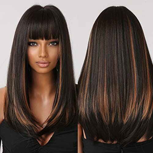Lange schwarze Perücken für Frauen Shouler-Länge Schwarz gemischt Blonde mit Bangs Natürliche synthetische Perücke Haar Replacement Perücke für den täglichen Partygebrauch