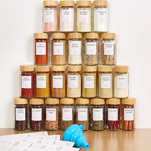 Yangbaga 24PCS Glass Spice Jars set-120ml Glass Jars With Bamboo Lids with Shaker Lids- Spices & Seasoning -Kitchen Storage & Organisation of Spice Jars With Lids And Labels Stickers…