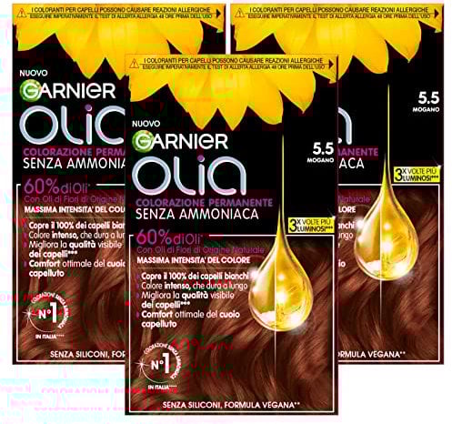 Garnier Olia Permanente Haarfarbe, ohne Ammoniak, Färbung mit Blütenölen natürlichen Ursprungs mit aufhellender und pflegender Wirkung, Farbe 5,5 Mahagoni – 3 Packungen