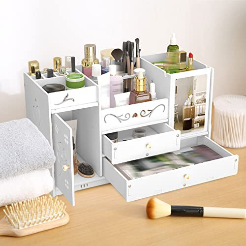 Esyogen Make Up Organizer Schublade PVC Weiß Schmink Aufbewahrung Schmuck Box mit Spiegel