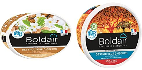BOLDAIR - Gel destructeur d'odeur Karité Monoï - Neutralise les odeurs - parfume - Produit gel solide - Multi application - 300g - Fabrication française & Destructeur d'Odeur Ambre - 300 g