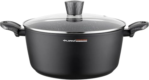 FLORINA olla de aluminio (6,1 l) | 28 cm de diámetro | Olla con tapa de cristal - antiadherente | Olla de inducción - ovalada | Ideal para cocina de inducción, cocina de gas y cocina eléctrica (Negro)