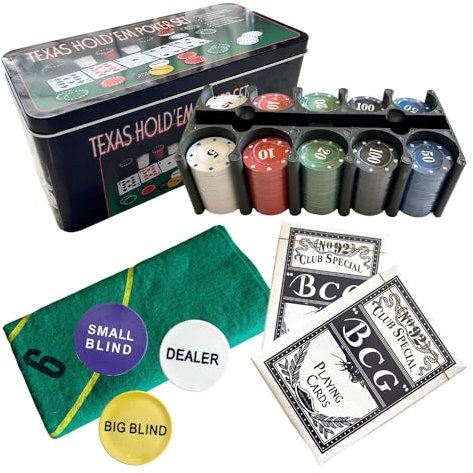 AUTOZOCO Set de Póker, Juego de póker Completo, Juego de Blackjack, Incluye 200 fichas, 2 Barajas de Cartas, botón de repartidor, ciega pequeña, Gran ciega, tapete de Juego, Caja metálica
