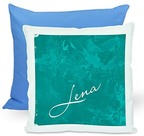 CreaDesign, Kinder Kissen 40x40 cm personalisiert mit Namen, Kinderzimmer Deko Kissen Kinder mit Füllung Federn, Motiv Traum Petrol, Rückenfarbe Blau