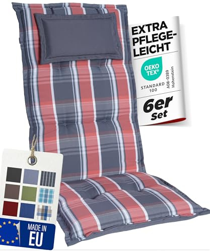 gardisun Gartenstuhlauflagen Hochlehner mit Kopfteil, 6er Set | Grau-Orange-Kariert, Extra Dicke Sitzauflagen, Made in Europe, Polsterauflagen für Hochlehner, Auflagen mit hohem Komfort