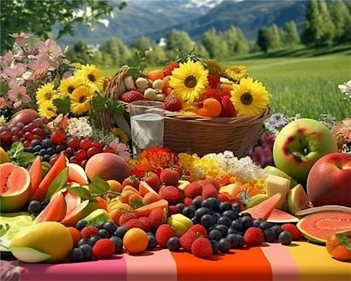 Zariocy 5D Diamond Painting Kits Obst Blumen, DIY Malerei mit Diamant Kunst Picknick Pflanzen Rund Vollbohrer Kristall Diamant Stickerei Gemälde Kunsthandwerk für Home Office Wall Decor 30x40cm