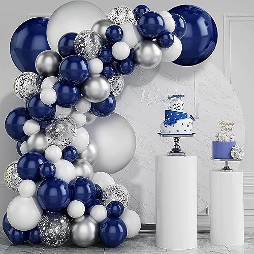 Luftballon Girlande Blau Silber, Luftballons Blau Weiß Silber Konfetti, Ballons Geburtstag Marine Blau Silber für Geburtstag Deko, Hochzeitsdeko, Babyparty Deko Junge, Baby Shower