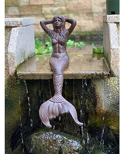 FURLOU Gartenstatue, Gusseisen, Meerjungfrau, Gartendekoration, Metall, niedliche Kunst, Eisenskulptur, romantische Sitzposition, Meerjungfrau-Statue