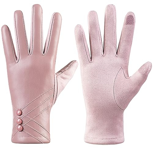 RSHHCXR Winter-Lederhandschuhe für Damen, mit Touchscreen-Texten, warmes Kaschmirfutter, winddicht, Wildleder, Fahrhandschuhe, Pink, Large /X-Large