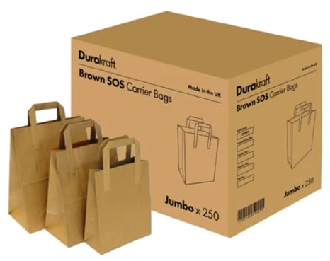 Durakraft Recycled SOS Brown Paper Bags with Flat Handles | Perfect for Takeaways, Gifts, Food, Lunch, Grocery, Weddings & Cafes (25, Jumbo - 10 x 12 x 5.5)