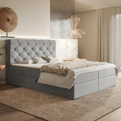 MOTIVENA Margo Chesterfield Boxspringbett 180x200 mit Bettkasten und Topper, Polsterbett 180x200 mit Bettkasten, Bonell-Matratze (H4), T28 Schaumstoff Topper (H3), mit Strass, Samt, Grau