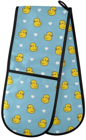 Double Oven Gloves Cute Duck Blue Heart Heat Resistant Pot Holder Oven Mitt Gloves for BBQ Cooking Baking Grilling Microwave