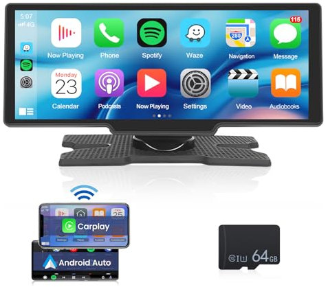 Portable Apple Car Play Screen 10.3 inch IPS Carplay Screen Car Buddy Touchscreen Unit, Wireless Android Auto FM Transmission Bluetooth for 7V-32V Vehicles +64G TF Card