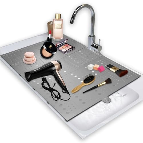 BRIAN & DANY Make-up-Matte, Badezimmer-Waschbeckenabdeckung für Theke, faltbare Spülbeckenaufsatz, Silikon-Spülbeckenmatte, Spülbecken-Organizer, Arbeitsplatte, Wohnmobil-Zubehör, platzsparend, grau,