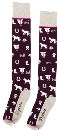 Ladies Knee High Riding Socks Cotton Blend Women'sEquestrian Boot Sock Cushioned Sole Long Socks (Horse Print Berry)