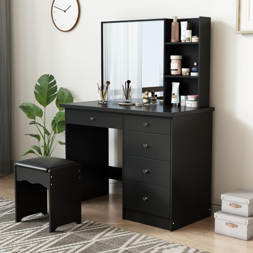 Caldion Große Schminktisch mit Spiegel,Schminktische mit Hocker,Frisiertisch Kosmetiktisch mit 5 Schubladen Regale, Kommode Schlafzimmer Schwarz