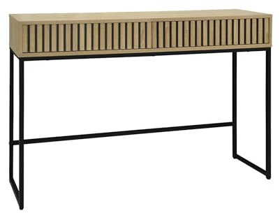 sweeek - Console contemporaine avec 2 tiroirs en décor Bois rainuré. Structure et piètement en métal Noir