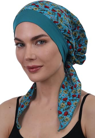 Deresina Kopfbedeckung Einfach Binden Baumwoll Kopftücher (Teal Flowers)
