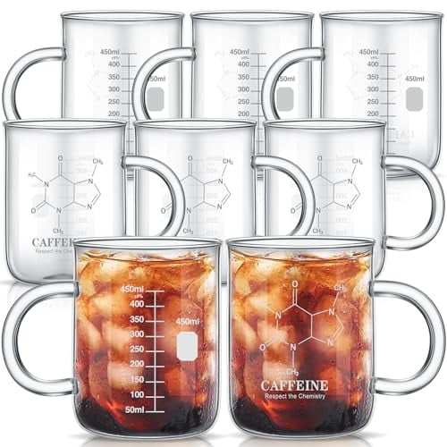 Hsei 8 Pack 16 oz Caffeine Beaker Mug Caffeine Molecule Mug with Handle Graduated Beaker Coffee Mug Borosilicate Glass Chemistry Mug, Measuring for Coffee, Latte, Tea, Hot Cold Beverage, 450ml