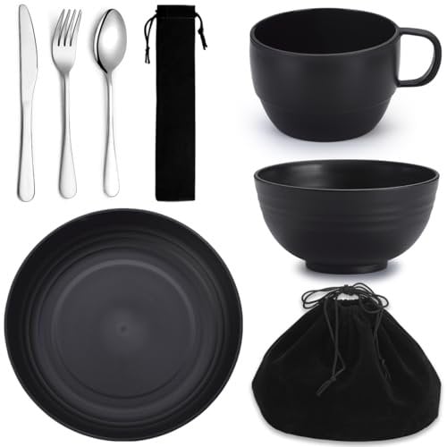 Berglander Set di posate da campeggio 1 pezzi, coltelli riutilizzabili, forchetta, cucchiaio, tazze e piatti e ciotole, set di posate portatili, facile da pulire, lavabile in lavastoviglie