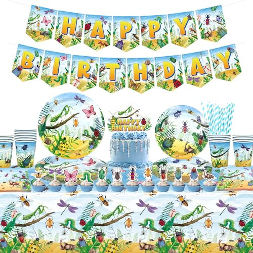 Insect Birthday Party Decoration, Bugs Party Accessories, Plates Cups Napkins Tablecloth Happy Birthday Banner Cake Toppers for Class Office Garden Reptile Baby Shower, Serve 20