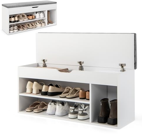 HOMASIS Schuhbank mit Stauraum & Abnehmbarer Sitzfläche, Sitzbank aus Holz & Schaumstoff, Schuhregal mit 3 Ablagen in 2 Größen, Schuhschrank für Flur, Wohnzimmer, Garderobe, 104 x 30 x 48 cm (Grau)