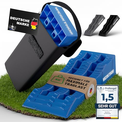 WERKTHOR Cunei per Camper (Blu) - [Set di 2] Cunei Stabili per Caravan e Camper | Cunei per Camper per un Livellamento Sicuro [<3t] - Design Robusto per Qualsiasi Superficie - Borsa Inclusa