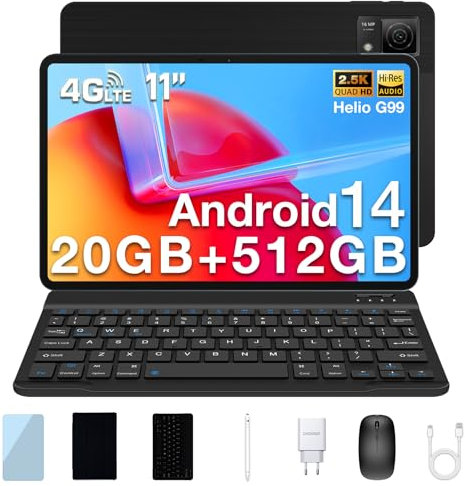 DOOGEE T40 Tablet con Teclado, Tablet 11 Pulgadas 20GB RAM 512GB ROM/2TB, Helio G99 2.5K FHD+Tableta PC 8580mAh/ 16MP+8MP Tablets Android 14, Tabletas 4G LTE+5G WiFi/Face ID/OTG/GPS con Funda & Raton