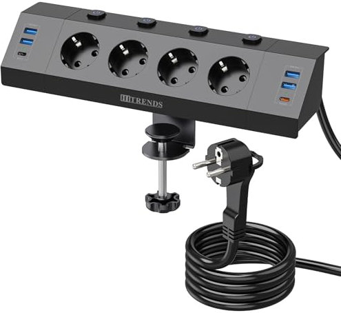 Tischsteckdose 4 Fach mit 2 USB C, Ecksteckdosenleiste mit 6 USB, Schreibtisch Steckdose, Küchensteckdose, Steckdosenleiste Wandmontage, Mehrfachsteckdose mit Schalter - 2M Black 002