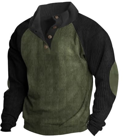 Strickjacken für Herren,Rollkragenpullover Herren,Sweatshirt Herren Ohne Kapuze Pullover Unifarbener Patchwork-Druck Langarm Cord Poloshirt Stehkragen Button Classic Pulli Top,Grün,XXL