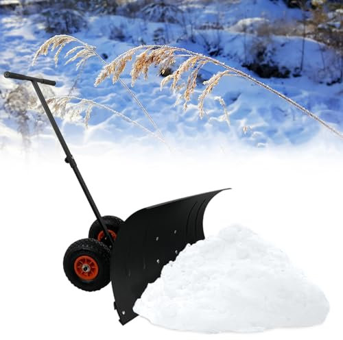 FIVMEN Schneeschaufel Schneeschieber Metall 74 cm Breit mit Rädern und 5-Stufig Höhenverstellbar Griff Schneeräumer Snow Shovel für Kleine und Große Schneemengen Winter