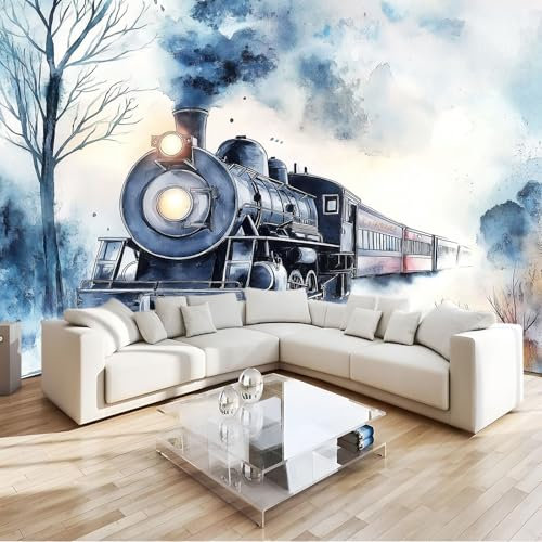 Carta da Parati Pittura Ad Acquerello Treno A Vapore Nero Art Sfondo Murale Fotografica 250x175 cm per Soggiorno Camera Ristorante Camera dei Bambini e Decorazione da Parete