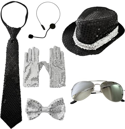 DONGZQAN 7PCS Glitzer Outfit Herren Fasching Kostüm, Disco Outfit, Glitzer Accessoires und Hut für Party und Performance (Schwarz)