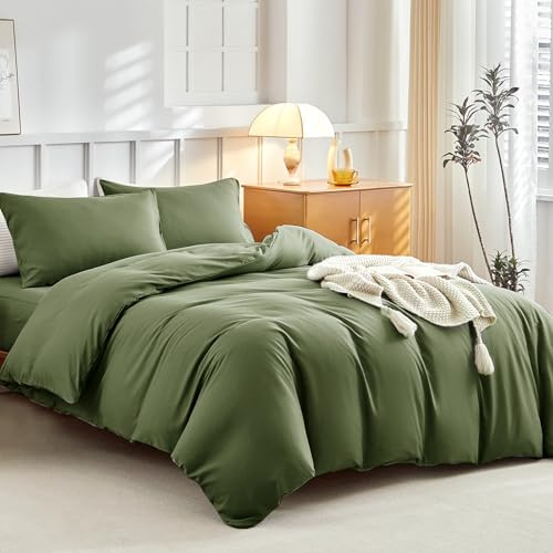 Tokokimo Double Bedding Set 4 Piece - Olive Green Double Duvet Set with Fitted Sheet, Double Duvet Cover Set with Pillow cases (Olive Green, Double 4 Piece)