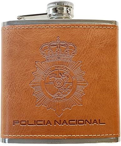 Petaca de Acero Inoxidable 304 /Forrada en Piel(Marrón) Alcohol Personalizada para Hombres, Petaca 6oz/177ml, Camping, Senderismo, Bar, Fiesta, Barbacoa y Bodas (POLICIA)