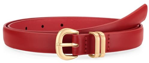 WHIPPY Schmaler Ledergürtel für Damen Modischer Damen Taillengürtel für Jeans Hosen Kleider mit Goldener Schnalle, Rot, 100cm