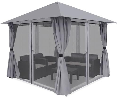 Sekey Garten Pavillon 3x3 m Wasserdicht Stabil Partyzelt, Garten Pavillon mit Moskitonetz,Gartenzelt mit 4 Seitenteile Reißverschluss, 180g/㎡ Polyester, Antrazit